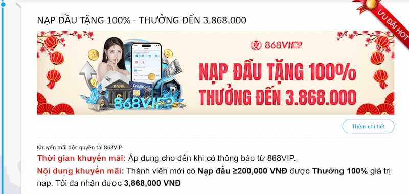 Khuyến mãi nạp đầu của 868VIP