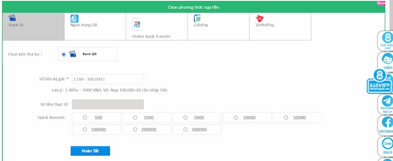 Phương thức nạp tiền 868VIP qua Bank Qr